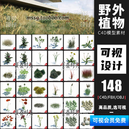 148款野外植物花草C4D模型素材集